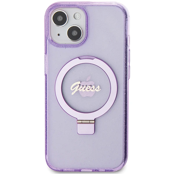 Apple iPhone 15 Plus Guess dėklas Ring Stand Script Glitter MagSafe (GUHMP15MHRSGSU) violetinės spalvos aprašymas - Prekės nuotrauka