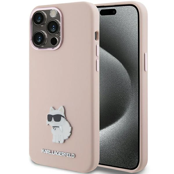Apple iPhone 15 Plus Karl Lagerfeld silikoninis dėklas Choupette Metal Pin (KLHCP15MSMHCNPP) rožinės spalvos aprašymas - Prekės nuotrauka