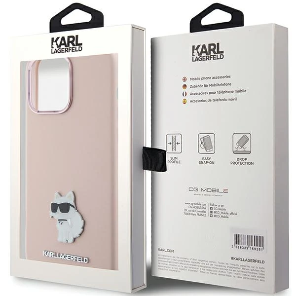 Apple iPhone 15 Plus Karl Lagerfeld silikoninis dėklas Choupette Metal Pin (KLHCP15MSMHCNPP) rožinės spalvos aprašymas - Prekės nuotrauka