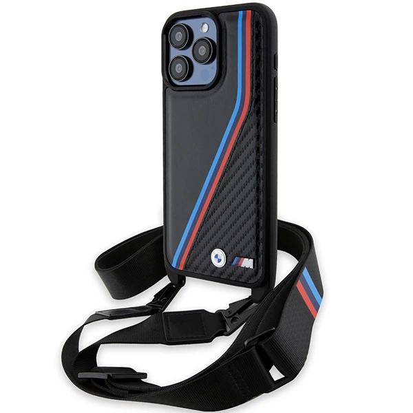 Apple iPhone 15 Pro BMW dėklas M Edition Carbon Tricolor Lines & Strap (BMHCP15L23PSVTK) juodos spalvos aprašymas - Prekės nuotrauka