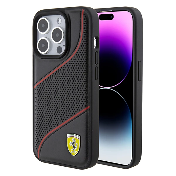 Apple iPhone 15 Pro Ferrari dėklas Perforated Waves Metal Logo (FEHCP15LPWAK) juodos spalvos aprašymas - Prekės nuotrauka
