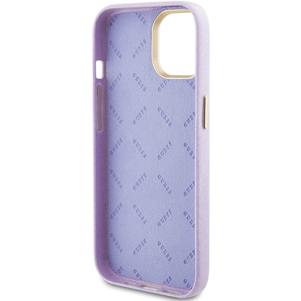 Apple iPhone 15 Pro Guess dėklas Glitter Glossy Script (GUHCP15LPGMCSL) violetinės spalvos aprašymas - Prekės nuotrauka