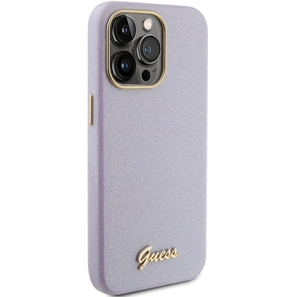 Apple iPhone 15 Pro Guess dėklas Glitter Glossy Script (GUHCP15LPGMCSL) violetinės spalvos aprašymas - Prekės nuotrauka