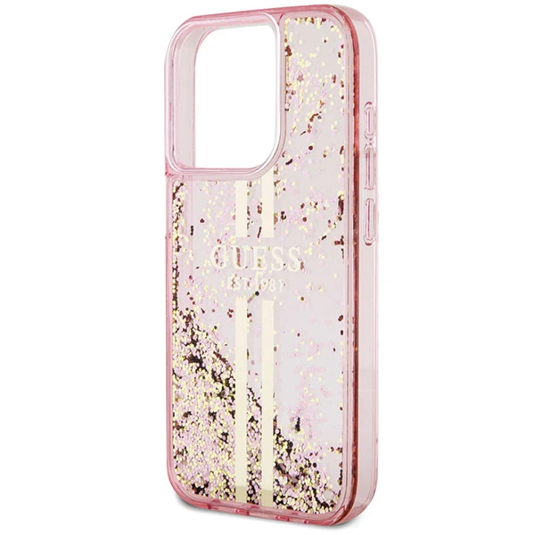Apple iPhone 15 Pro Guess dėklas Liquid Glitter Gold Stripes (GUHCP15LLFCSEGP) rožinės spalvos aprašymas - Prekės nuotrauka
