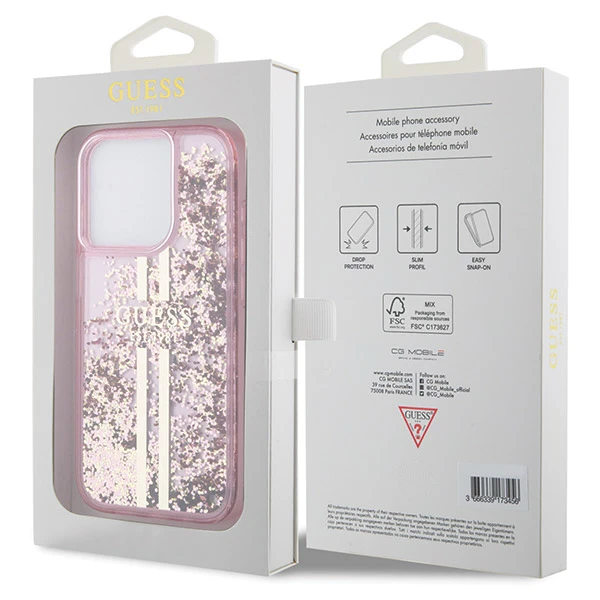 Apple iPhone 15 Pro Guess dėklas Liquid Glitter Gold Stripes (GUHCP15LLFCSEGP) rožinės spalvos aprašymas - Prekės nuotrauka