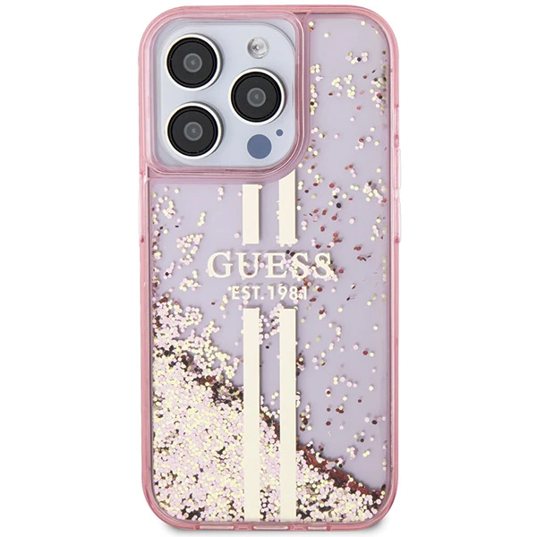 Apple iPhone 15 Pro Guess dėklas Liquid Glitter Gold Stripes (GUHCP15LLFCSEGP) rožinės spalvos aprašymas - Prekės nuotrauka