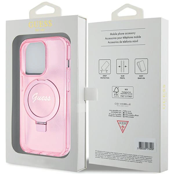 Apple iPhone 15 Pro Guess dėklas Ring Stand Script Glitter MagSafe (GUHMP15LHRSGSP) rožinės spalvos aprašymas - Prekės nuotrauka Apple iPhone 15 Pro Guess dėklas Ring Stand Script Glitter MagSafe (GUHMP15LHRSGSP) rožinės spalvos aprašymas - Prekės nuotrauka