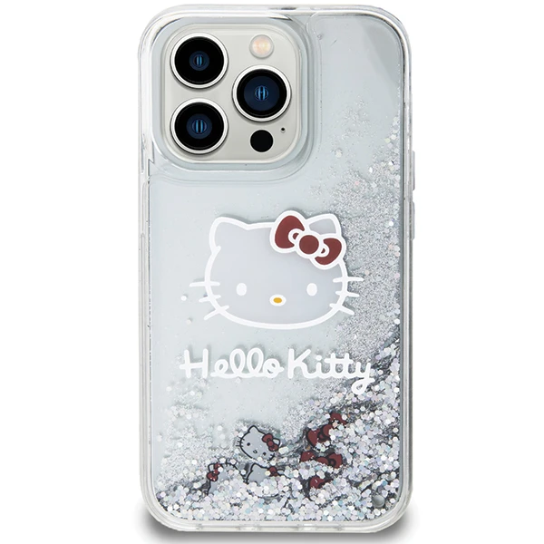 Apple iPhone 15 Pro Hello Kitty dėklas Liquid Glitter Charms Kitty Head (HKHCP15LLIKHET) sidabrinės spalvos aprašymas - Prekės nuotrauka