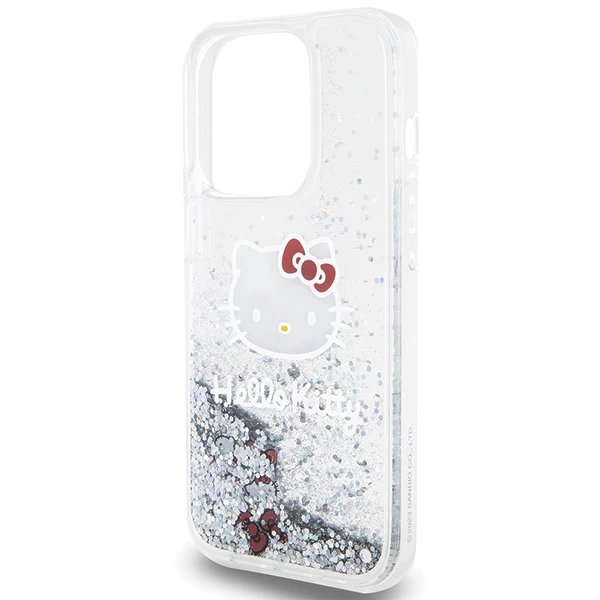 Apple iPhone 15 Pro Hello Kitty dėklas Liquid Glitter Charms Kitty Head (HKHCP15LLIKHET) sidabrinės spalvos aprašymas - Prekės nuotrauka