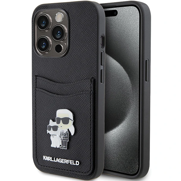 Apple iPhone 15 Pro Karl Lagerfeld dėklas Saffiano Cardslot Karl&Choupette Metal Pin (KLHCP15LSAPKCNPK) juodos spalvos aprašymas - Prekės nuotrauka