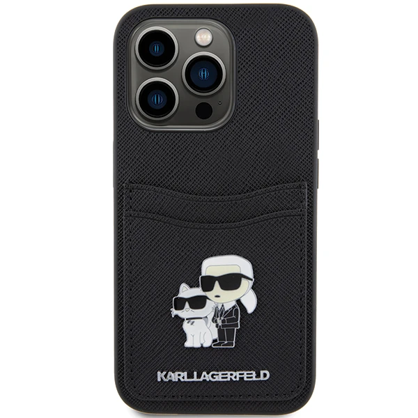 Apple iPhone 15 Pro Karl Lagerfeld dėklas Saffiano Cardslot Karl&Choupette Metal Pin (KLHCP15LSAPKCNPK) juodos spalvos aprašymas - Prekės nuotrauka