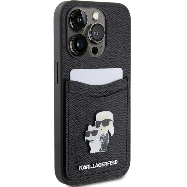 Apple iPhone 15 Pro Karl Lagerfeld dėklas Saffiano Cardslot Karl&Choupette Metal Pin (KLHCP15LSAPKCNPK) juodos spalvos aprašymas - Prekės nuotrauka