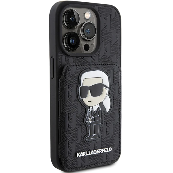 Apple iPhone 15 Pro Karl Lagerfeld dėklas Saffiano Cardslots and Stand Monogram Ikonik Patch (KLHCP15LSAKKNSCK) juodos spalvos aprašymas - Prekės nuotrauka