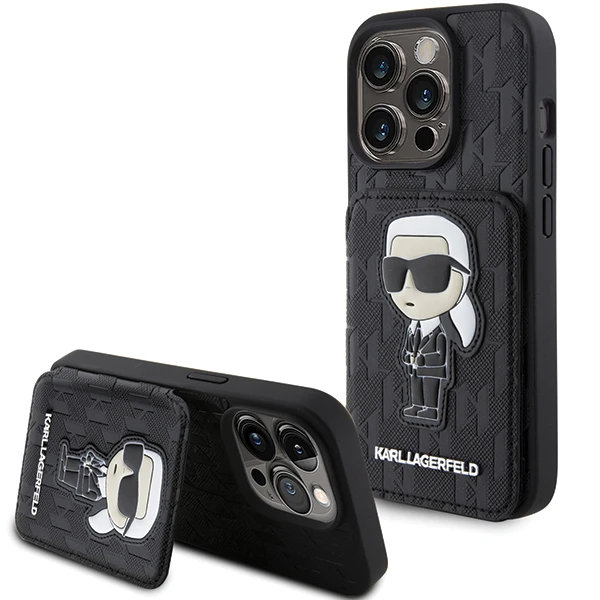Apple iPhone 15 Pro Karl Lagerfeld dėklas Saffiano Cardslots and Stand Monogram Ikonik Patch (KLHCP15LSAKKNSCK) juodos spalvos aprašymas - Prekės nuotrauka