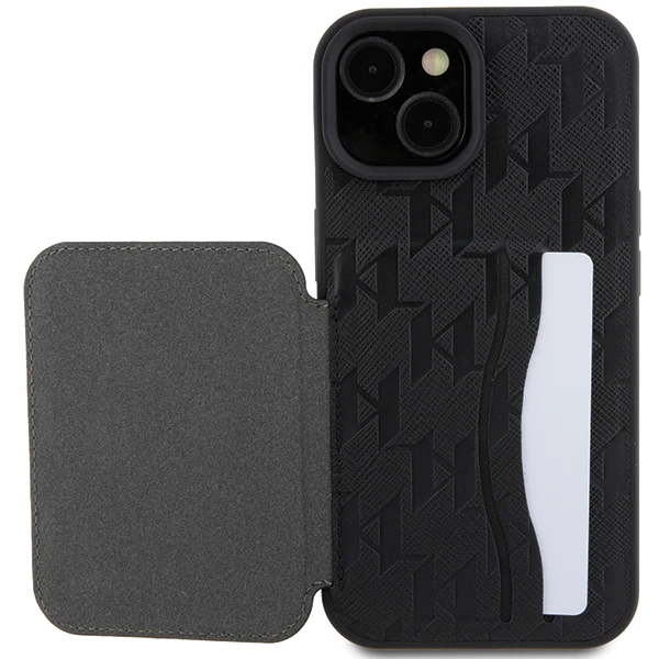 Apple iPhone 15 Pro Karl Lagerfeld dėklas Saffiano Cardslots and Stand Monogram Ikonik Patch (KLHCP15LSAKKNSCK) juodos spalvos aprašymas - Prekės nuotrauka