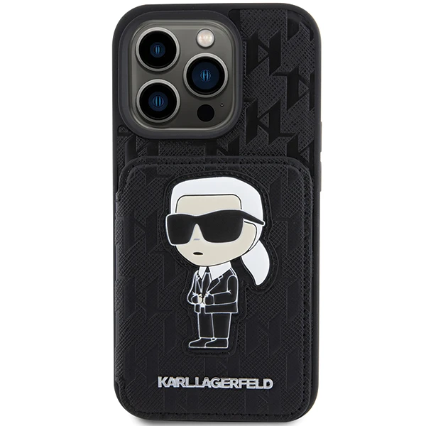 Apple iPhone 15 Pro Karl Lagerfeld dėklas Saffiano Cardslots and Stand Monogram Ikonik Patch (KLHCP15LSAKKNSCK) juodos spalvos aprašymas - Prekės nuotrauka