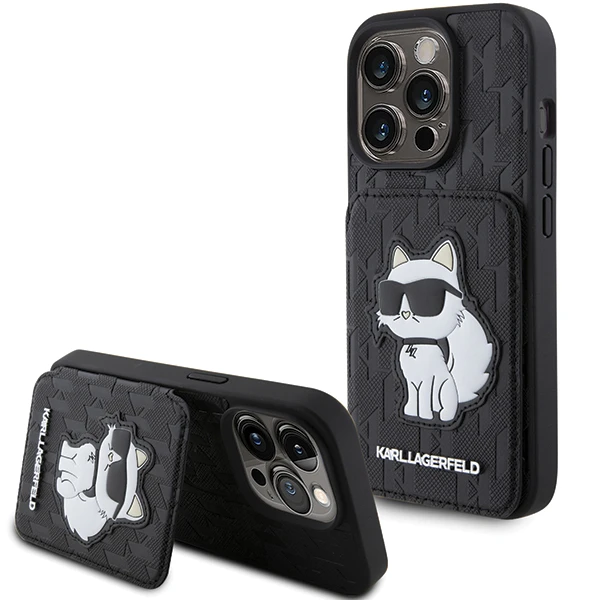 Apple iPhone 15 Pro Karl Lagerfeld dėklas Saffiano Cardslots and Stand Monogram Choupette (KLHCP15LSAKCNSCK) juodos spalvos aprašymas - Prekės nuotrauka