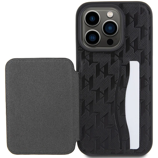 Apple iPhone 15 Pro Karl Lagerfeld dėklas Saffiano Cardslots and Stand Monogram Choupette (KLHCP15LSAKCNSCK) juodos spalvos aprašymas - Prekės nuotrauka