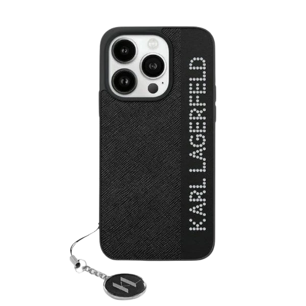 Apple iPhone 15 Pro Karl Lagerfeld dėklas Saffiano Rhinestones & Charm (KLHCP15LPSAKDGCK) juodos spalvos aprašymas - Prekės nuotrauka