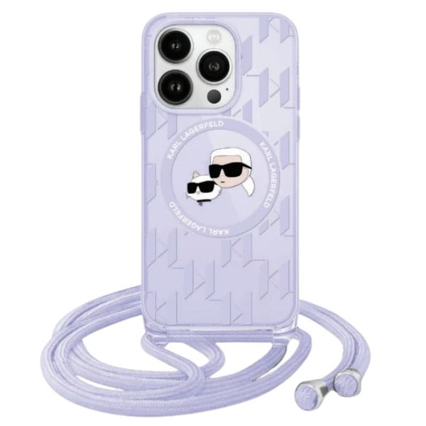 Apple iPhone 15 Pro Karl Lagerfeld Hardcase IML Crossbody Monogram Karl & Choupette Head MagSafe (KLHMP15LHCKCKLCU) dėklas telefonui violetinės spalvos aprašymas - Prekės nuotrauka