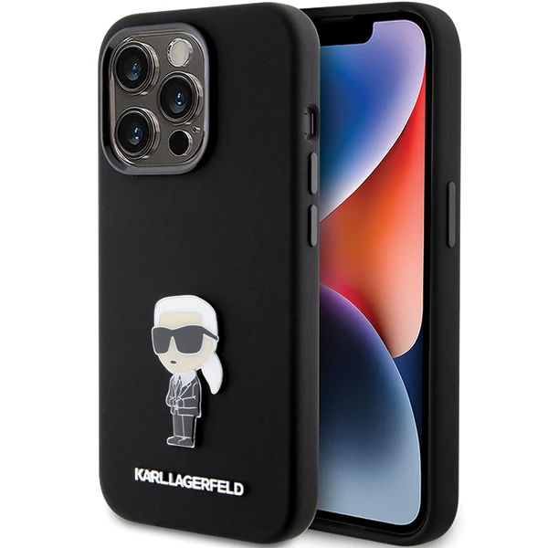 Apple iPhone 15 Pro Karl Lagerfeld silikoninis dėklas Ikonik Metal Pin (KLHCP15LSMHKNPK) juodos spalvos aprašymas - Prekės nuotrauka