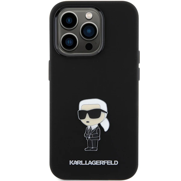 Apple iPhone 15 Pro Karl Lagerfeld silikoninis dėklas Ikonik Metal Pin (KLHCP15LSMHKNPK) juodos spalvos aprašymas - Prekės nuotrauka