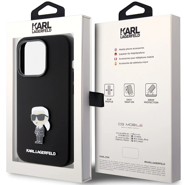 Apple iPhone 15 Pro Karl Lagerfeld silikoninis dėklas Ikonik Metal Pin (KLHCP15LSMHKNPK) juodos spalvos aprašymas - Prekės nuotrauka