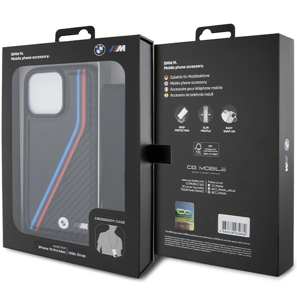 Apple iPhone 15 Pro Max BMW dėklas M Edition Carbon Tricolor Lines & Strap (BMHCP15X23PSVTK) juodos spalvos aprašymas - Prekės nuotrauka Apple iPhone 15 Pro Max BMW dėklas M Edition Carbon Tricolor Lines & Strap (BMHCP15X23PSVTK) juodos spalvos aprašymas - Prekės nuotrauka