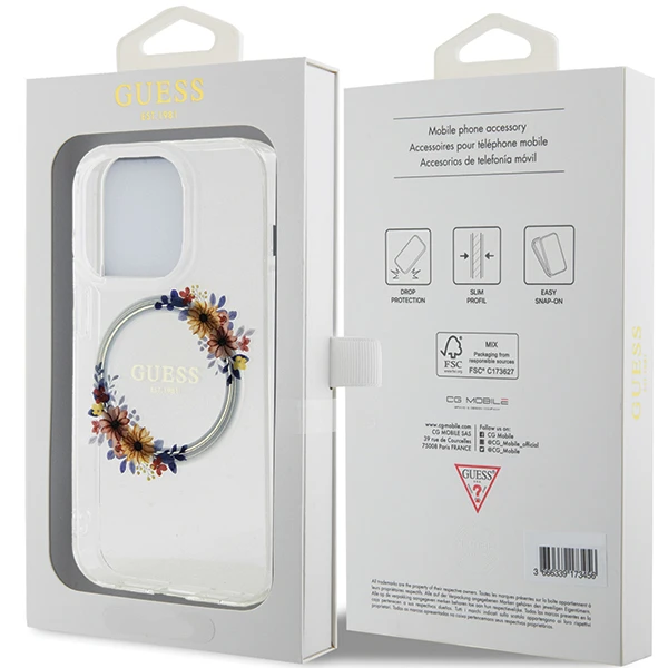 GUESS GUHMP15XHFWFFCT IPHONE 15 PRO MAX 6,7 col. permatomas kietas dėklas IML FLOWERS WREATCH MAGSAFE aprašymas - Prekės nuotrauka