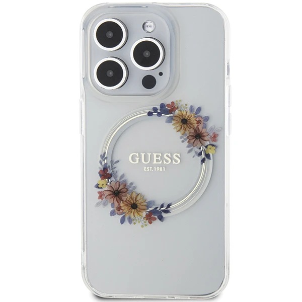 GUESS GUHMP15XHFWFFCT IPHONE 15 PRO MAX 6,7 col. permatomas kietas dėklas IML FLOWERS WREATCH MAGSAFE aprašymas - Prekės nuotrauka