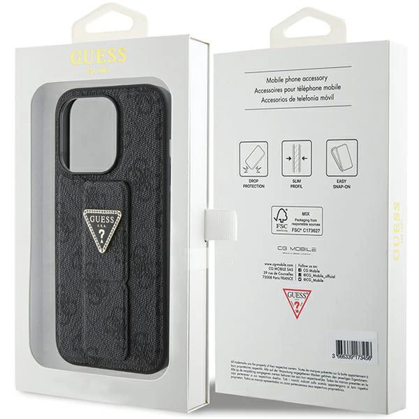 Apple iPhone 15 Pro Max Guess Hardcase Grip Stand 4G Triangle Strass (GUHCP15XPGS4TDK) telefono dėklas juodos spalvos aprašymas - Prekės nuotrauka Apple iPhone 15 Pro Max Guess Hardcase Grip Stand 4G Triangle Strass (GUHCP15XPGS4TDK) telefono dėklas juodos spalvos aprašymas - Prekės nuotrauka