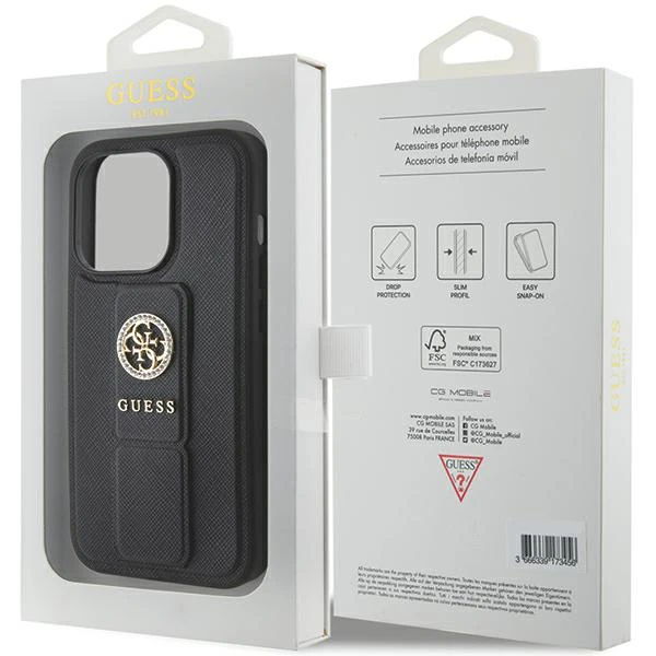 Apple iPhone 15 Pro Max Guess Hardcase Grip Stand 4G Saffiano Strass (GUHCP15XPGSSADK) telefono dėklas juodos spalvos aprašymas - Prekės nuotrauka Apple iPhone 15 Pro Max Guess Hardcase Grip Stand 4G Saffiano Strass (GUHCP15XPGSSADK) telefono dėklas juodos spalvos aprašymas - Prekės nuotrauka