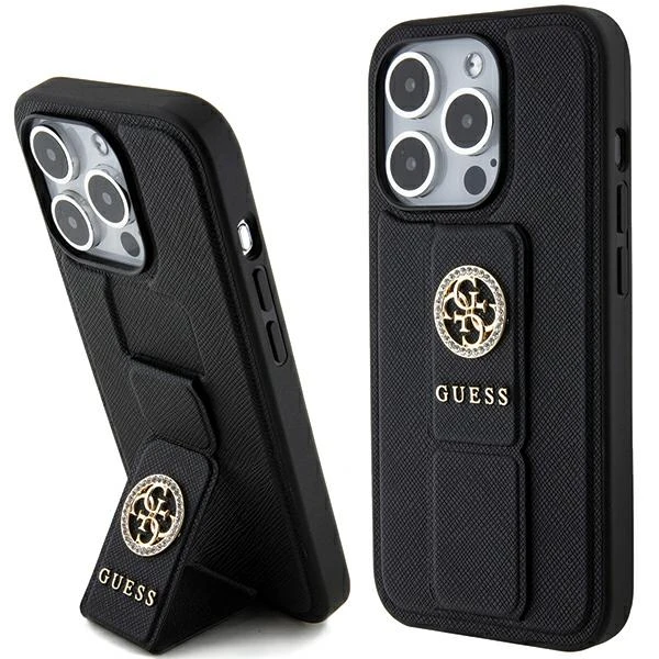 Apple iPhone 15 Pro Max Guess Hardcase Grip Stand 4G Saffiano Strass (GUHCP15XPGSSADK) telefono dėklas juodos spalvos aprašymas - Prekės nuotrauka Apple iPhone 15 Pro Max Guess Hardcase Grip Stand 4G Saffiano Strass (GUHCP15XPGSSADK) telefono dėklas juodos spalvos aprašymas - Prekės nuotrauka