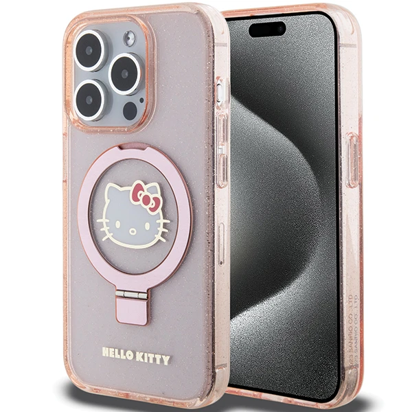 Apple iPhone 15 Pro Max Hello Kitty dėklas Ring Stand Glitter Electrop Logo MagSafe (HKHMP15XHRSGEP) rožinės spalvos aprašymas - Prekės nuotrauka