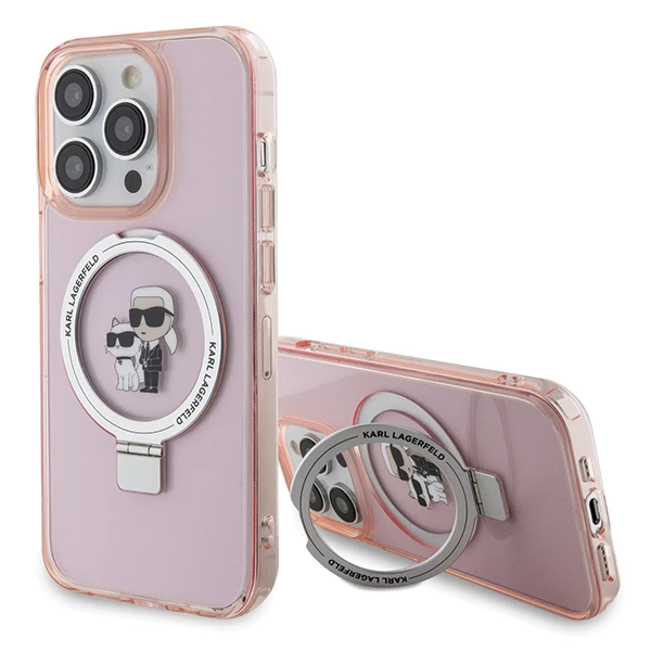 Apple iPhone 15 Pro Max Karl Lagerfeld dėklas Ring Stand Karl&Choupettte MagSafe (KLHMP15XHMRSKCP) rožinės spalvos aprašymas - Prekės nuotrauka