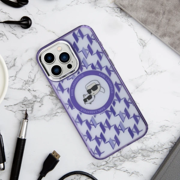 Apple iPhone 15 Pro Max Karl Lagerfeld IML Monogram Karl&Choupette Head MagSafe (KLHMP15XHMCKMHP) dėklas telefonui rožinės spalvos aprašymas - Prekės nuotrauka