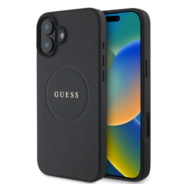 Apple iPhone 16 Guess Grained Gold Ring MagSafe (GUHMP16SPGHSMMK) dėklas telefonui juodos spalvos aprašymas - Prekės nuotrauka Apple iPhone 16 Guess Grained Gold Ring MagSafe (GUHMP16SPGHSMMK) dėklas telefonui juodos spalvos aprašymas - Prekės nuotrauka