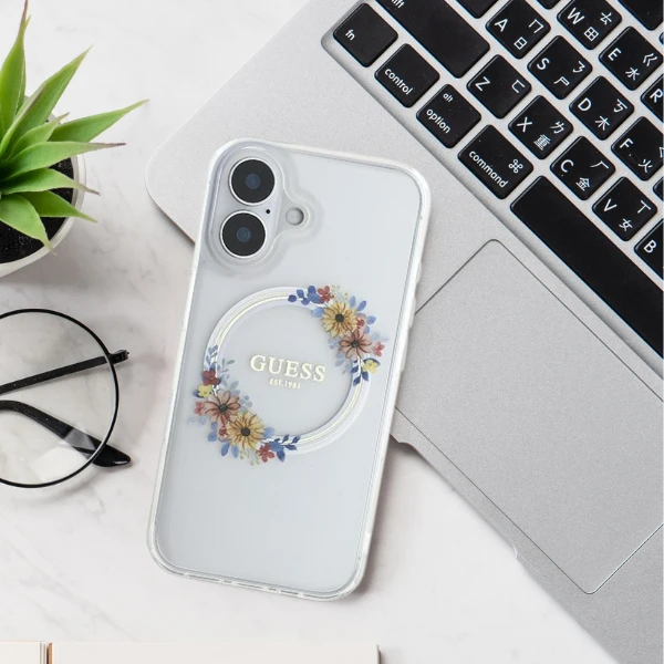 Apple iPhone 16 Pro Max Guess IML Flowers Wreath MagSafe (GUHMP16XHFWFCK) dėklas telefonui juodos spalvos aprašymas - Prekės nuotrauka Apple iPhone 16 Pro Max Guess IML Flowers Wreath MagSafe (GUHMP16XHFWFCK) dėklas telefonui juodos spalvos aprašymas - Prekės nuotrauka