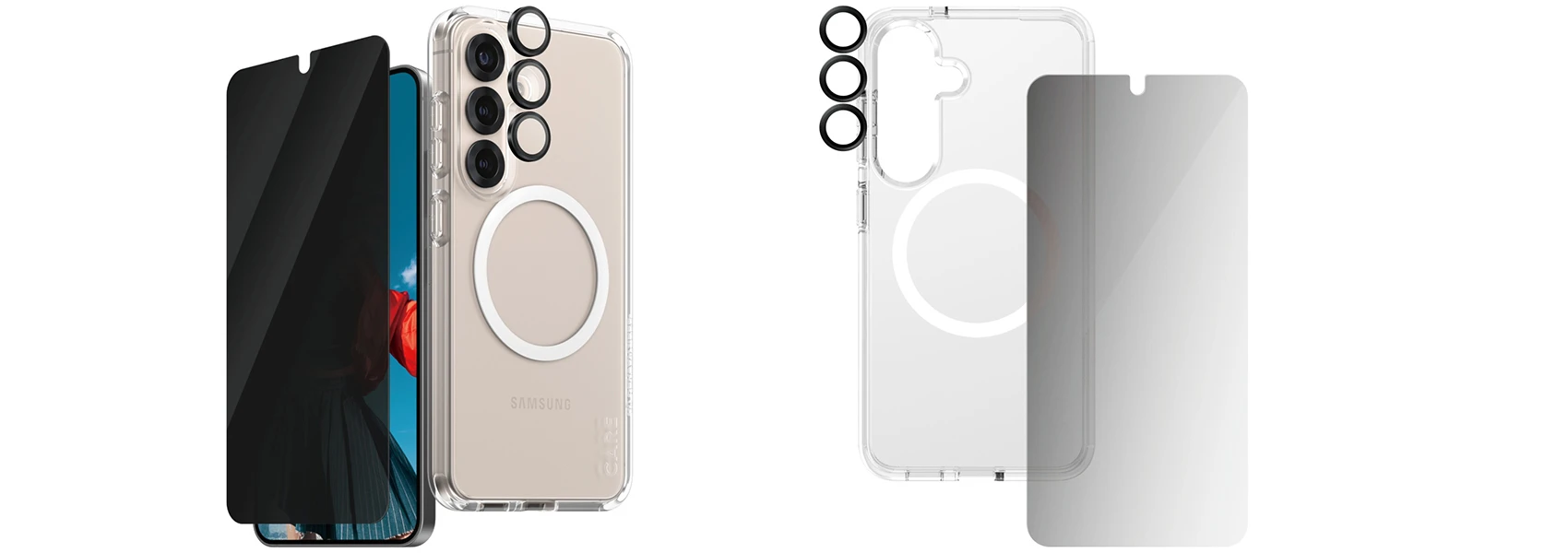 Panzer Glass Apsauginis rinkinys CARE by PanzerGlass Flagship 3in1 dėklas+apsauginis stiklas su privatumo filtru+kameros apsauga Samsung Galaxy S25 aprašymas - Prekės nuotrauka