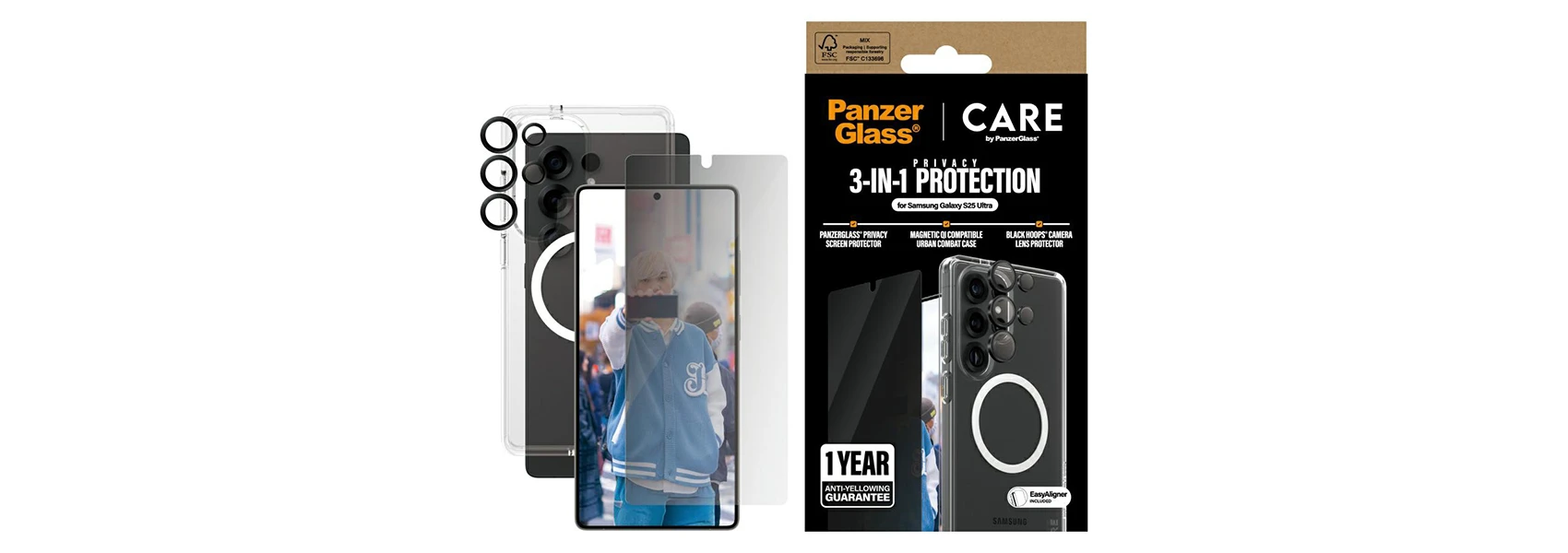 Panzer Glass Apsauginis rinkinys CARE by PanzerGlass Flagship 3in1 dėklas+apsauginis stiklas su privatumo filtru+kameros apsauga Samsung Galaxy S25 Ultra aprašymas - Prekės nuotrauka Panzer Glass Apsauginis rinkinys CARE by PanzerGlass Flagship 3in1 dėklas+apsauginis stiklas su privatumo filtru+kameros apsauga Samsung Galaxy S25 Ultra aprašymas - Prekės nuotrauka