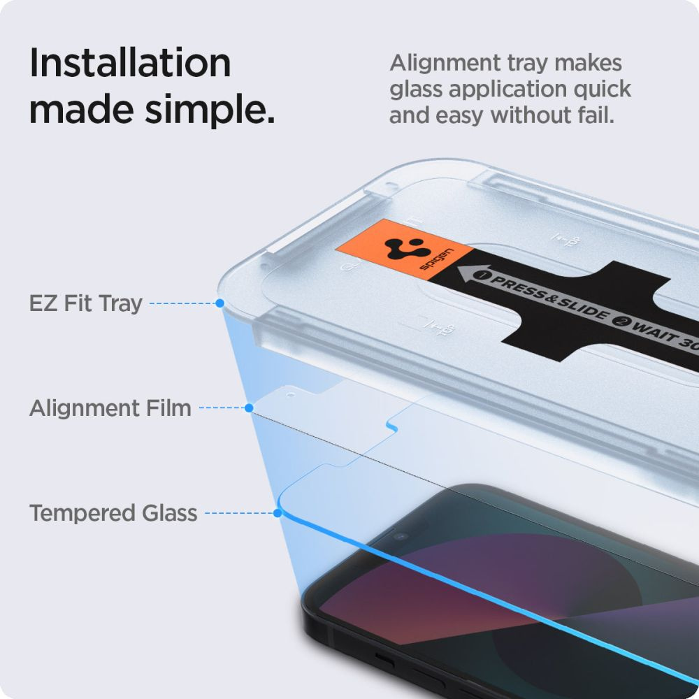 Apsauginis stiklas, skirtas iPhone 13 / 13 Pro / 14 su Spigen Glas.tR EZ FIT aplikatoriumi (2 vnt.) aprašymas - Prekės nuotrauka