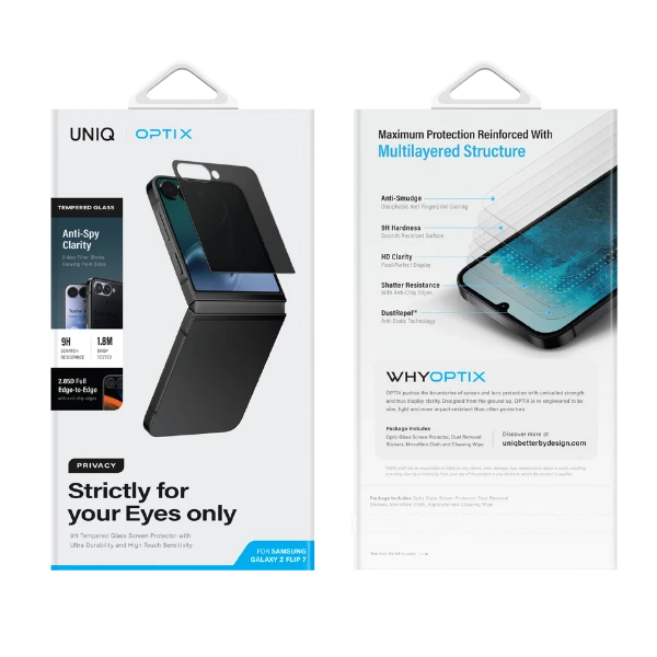 Apsauginis stiklas su privatumo filtru UNIQ Optix Privacy į Samsung Galaxy Z Flip7 aprašymas - Prekės nuotrauka Apsauginis stiklas su privatumo filtru UNIQ Optix Privacy į Samsung Galaxy Z Flip7 aprašymas - Prekės nuotrauka