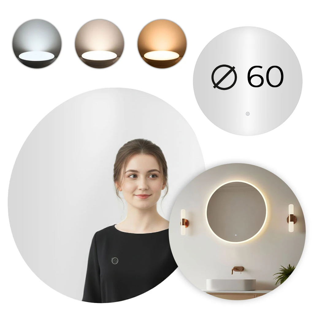 Apvalus LED vonios veidrodis, montuojamas ant sienos, 60 cm, 3 spalvų, jutiklinis jungiklis ModernHome aprašymas - Prekės nuotrauka