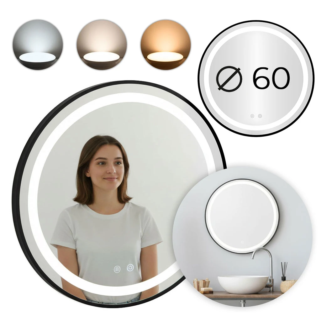 Apvalus LED vonios veidrodis, montuojamas ant sienos, 60 cm, 3 spalvų, jutiklinis jungiklis, ryškumo reguliavimas, ModernHome aprašymas - Prekės nuotrauka