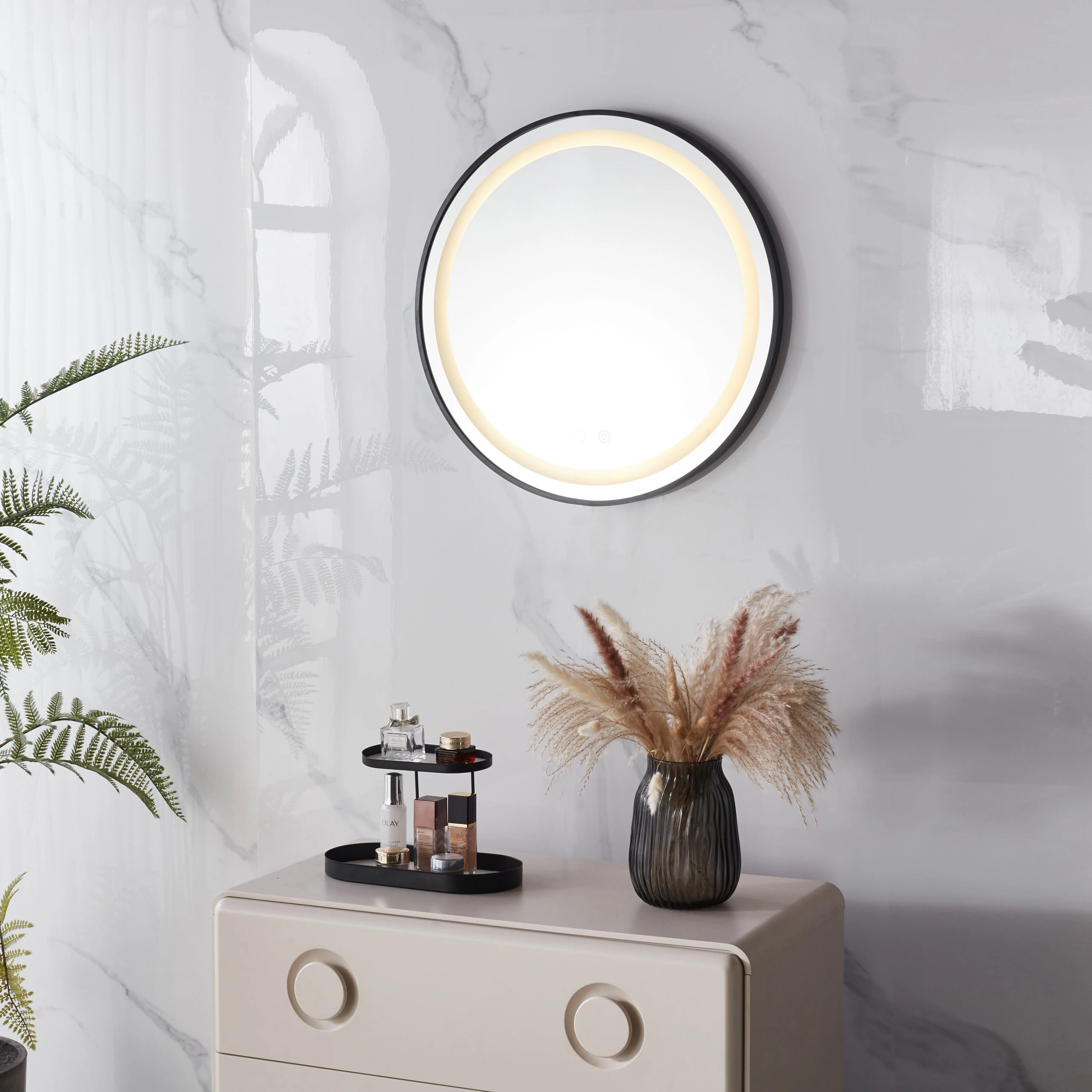 Apvalus LED vonios veidrodis, montuojamas ant sienos, 60 cm, 3 spalvų, jutiklinis jungiklis, ryškumo reguliavimas, ModernHome aprašymas - Prekės nuotrauka