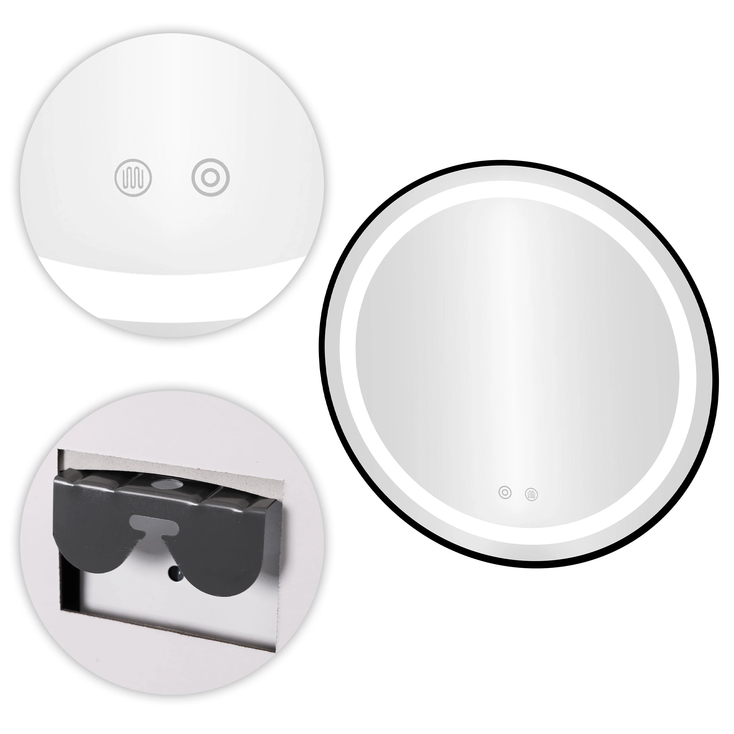 Apvalus LED vonios veidrodis, montuojamas ant sienos, 60 cm, 3 spalvų, jutiklinis jungiklis, ryškumo reguliavimas, ModernHome aprašymas - Prekės nuotrauka