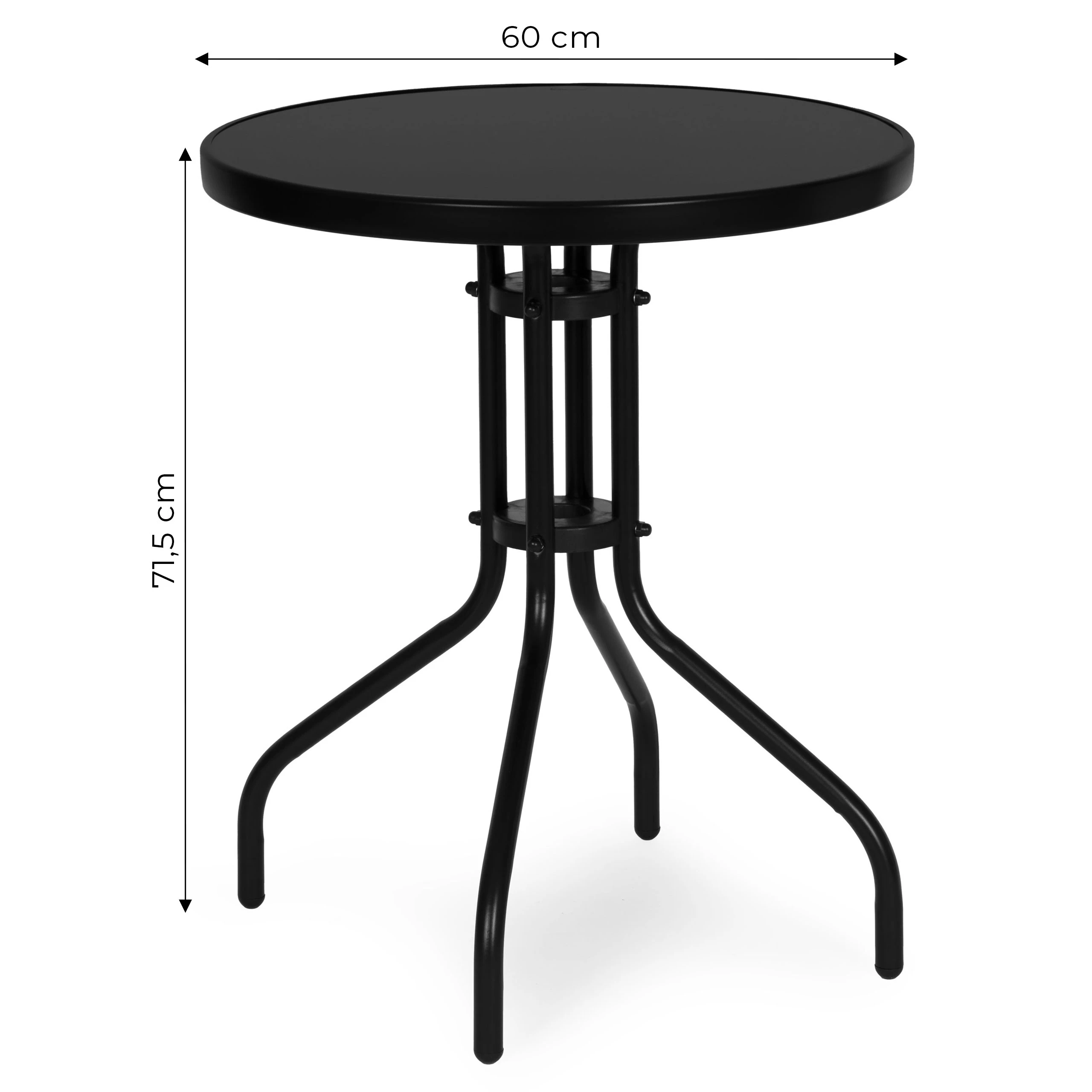 Lauko baldų komplektas Apvalus sodo stalas 60 cm, grūdinto stiklo stalas sodui, terasai ar balkonui, juodas MultiGarden aprašymas - Prekės nuotrauka