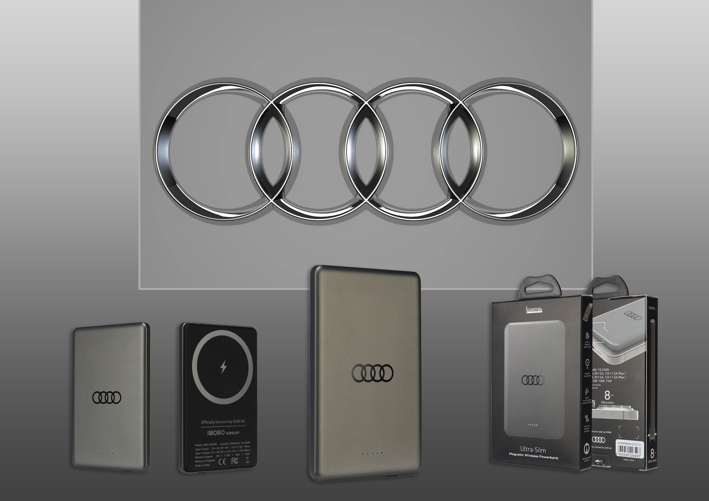 Audi 15W belaidis išorinis akumuliatorius 5000mAh pilkas su dideliu logotipu MagSafe AU-MWPB5000-GT/D1-GY aprašymas - Prekės nuotrauka