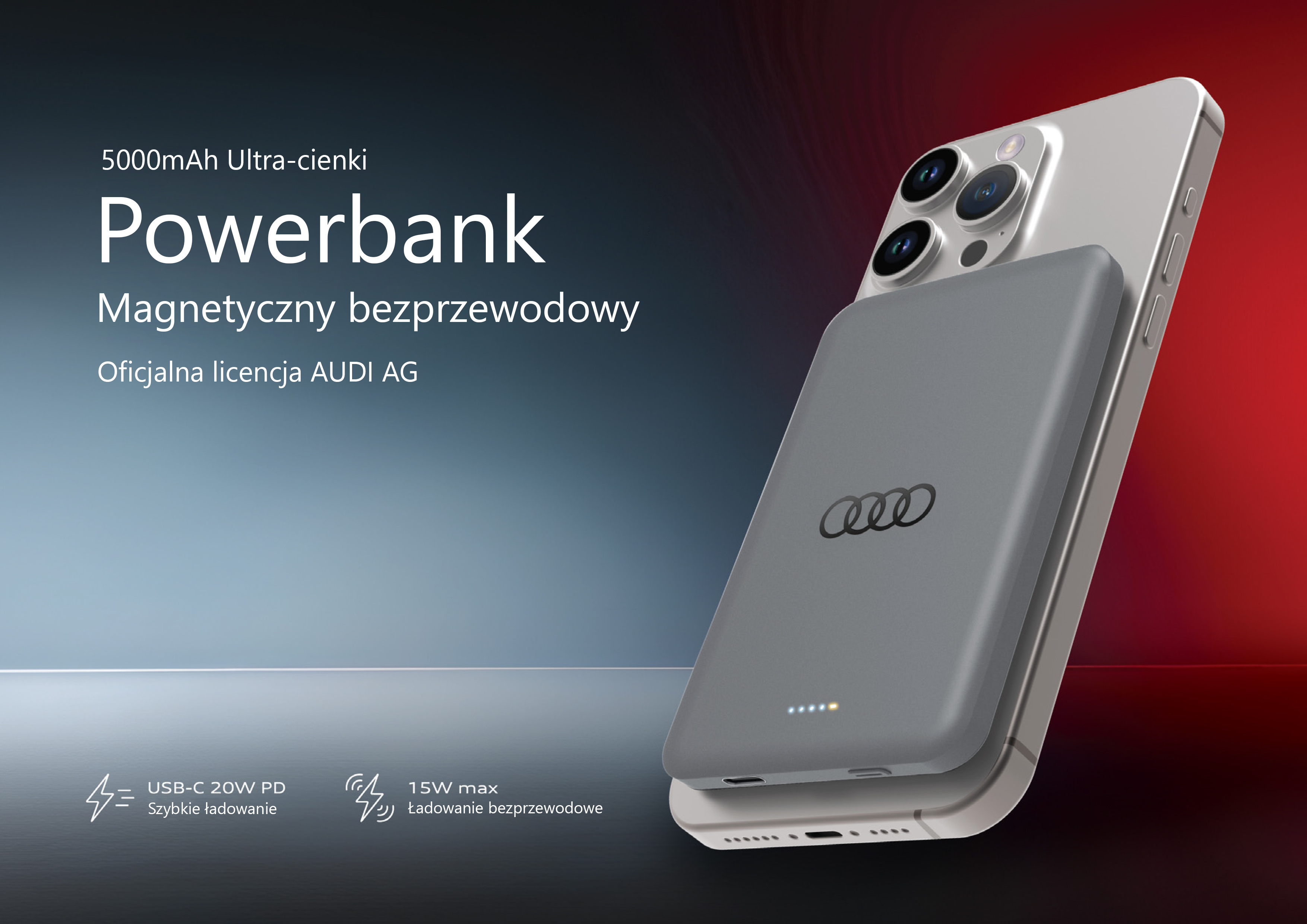 Audi 15W belaidis išorinis akumuliatorius 5000mAh pilkas su dideliu logotipu MagSafe AU-MWPB5000-GT/D1-GY aprašymas - Prekės nuotrauka