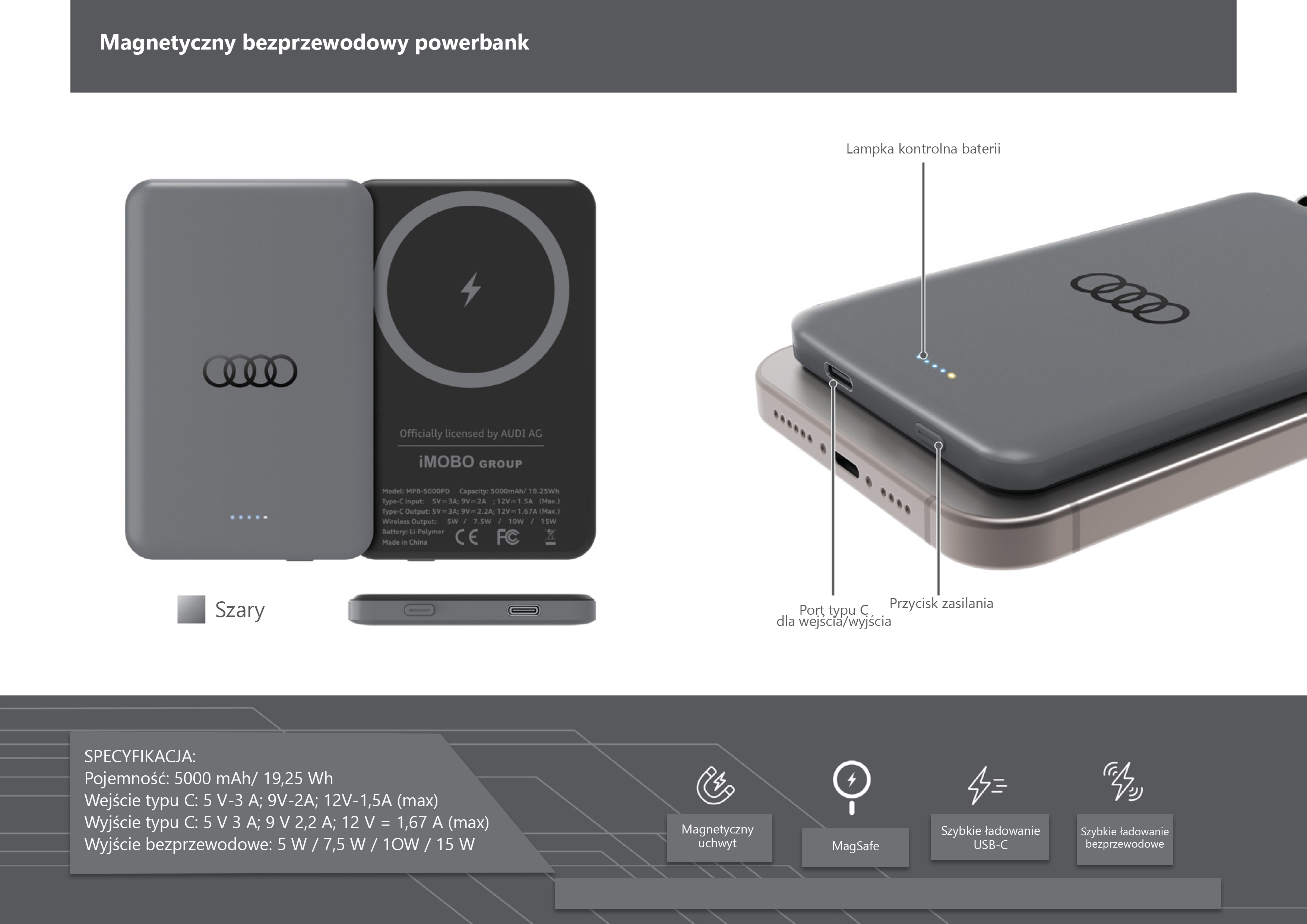Audi 15W belaidis išorinis akumuliatorius 5000mAh pilkas su dideliu logotipu MagSafe AU-MWPB5000-GT/D1-GY aprašymas - Prekės nuotrauka